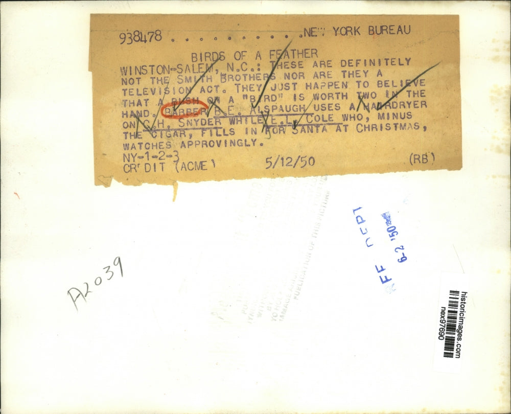 1950 Press Photo Barber BE Alspaugh Uses Hairdryer on CH Snyder & LL Cole