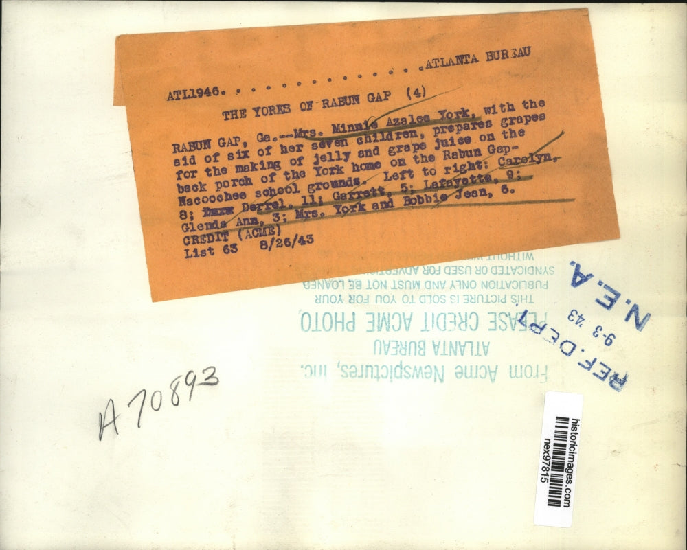 1943 Press Photo Mrs Minnie Azalee York & 6 of Her Children Making Grape Jelly