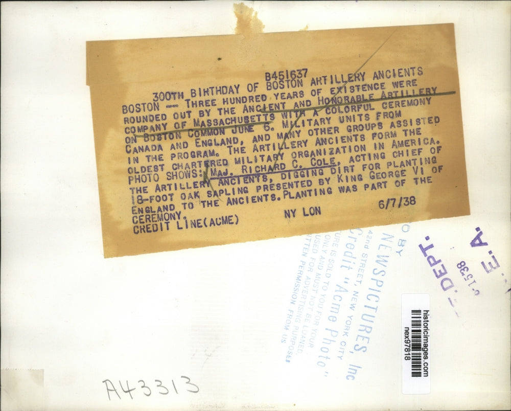 1938 Press Photo Richard C Cole Ancient and Honorable Artillery Co Massachusetts