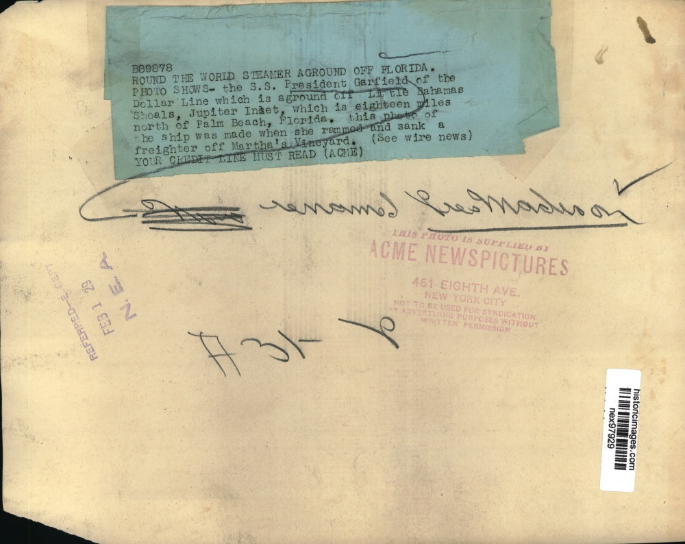 1929 Press Photo SS President Garfield of Dollar Line Aground in South Florida