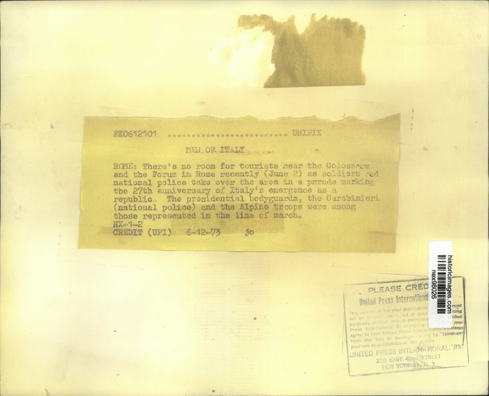 1973 Press Photo The Caeabinieri National Police in Rome Italy's 27th Anniversar