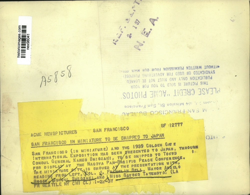 1937 Press Photo Colonel Franklin Bell, Mayor Rossi, Consul Shiozaki & Miss Tate