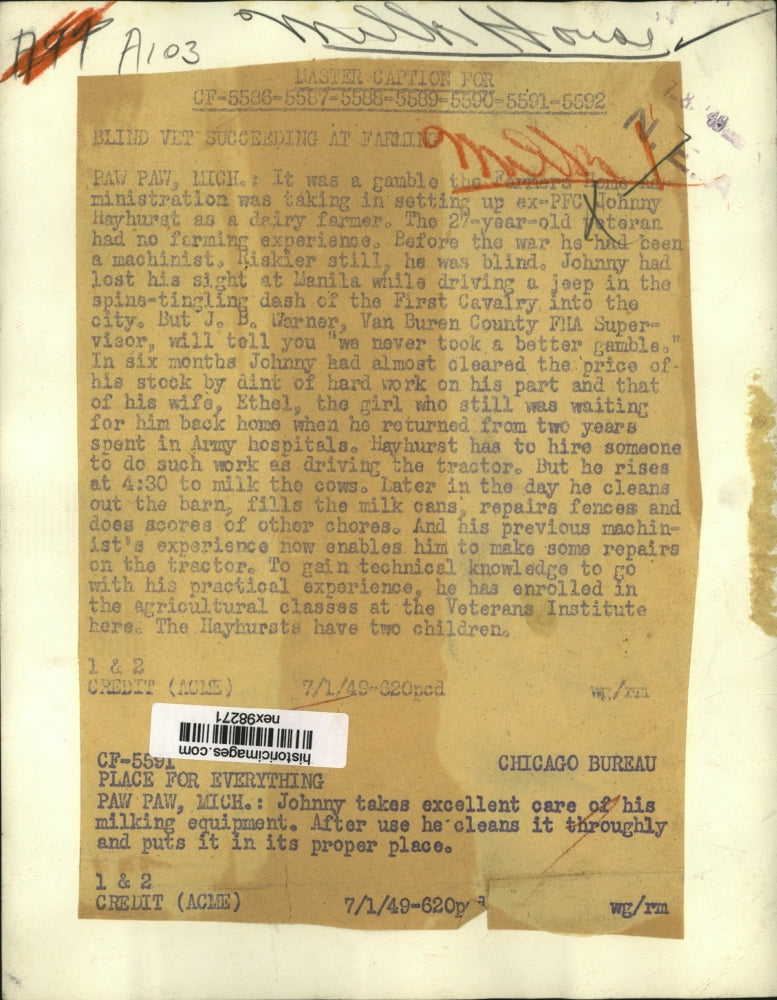 1949 Press Photo PFC Johnny Hayhurst Dairy Farmer 27 Year Old Veteran