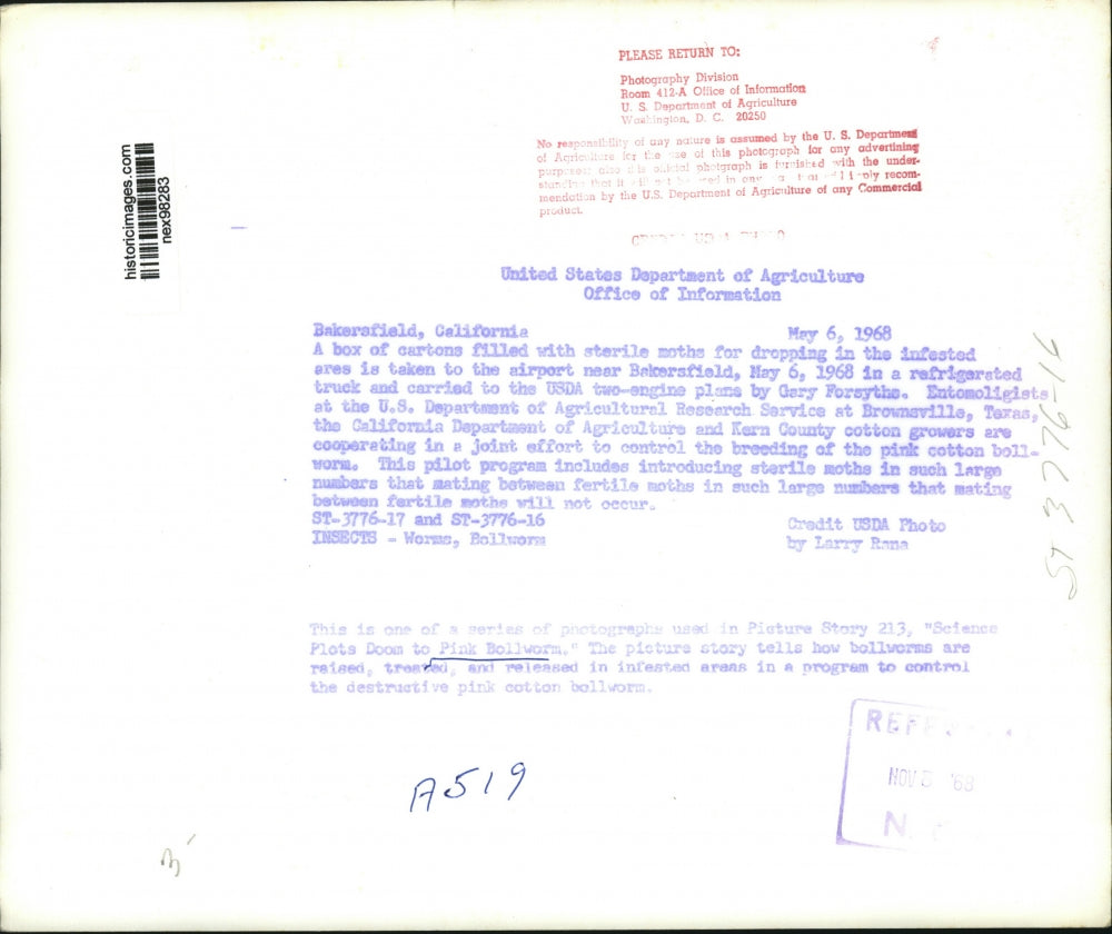 1968 Press Photo Carton of Sterile Moths To Drop in Infested Area by Plane