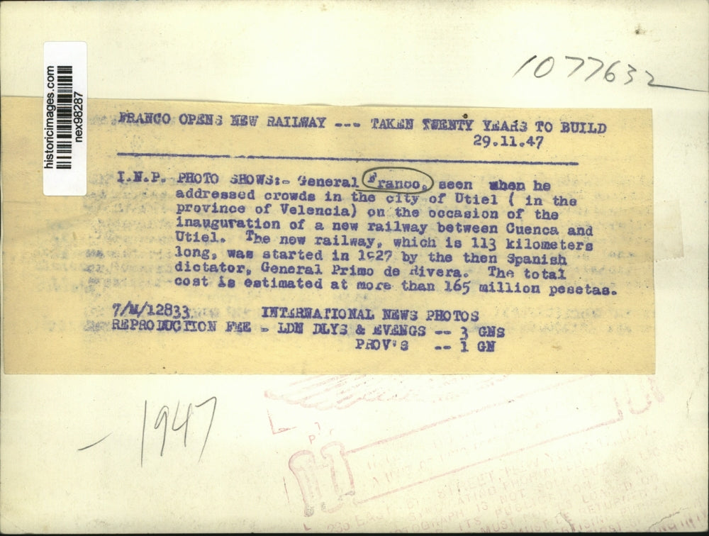 1947 Press Photo General Franco Addressing Crowd at Utiel at Inauguration