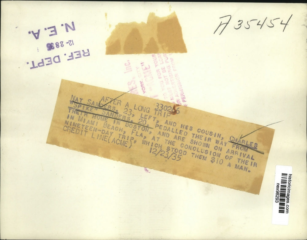 1935 Press Photo Nat Sanders & Charles Sanders Ride Bikes from Boston to Miami