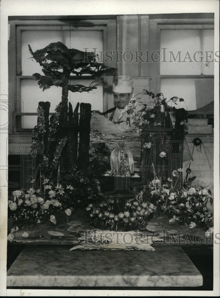 Load image into Gallery viewer, 1931 Press Photo George Hofmann pastry chef &amp; creation at California show
