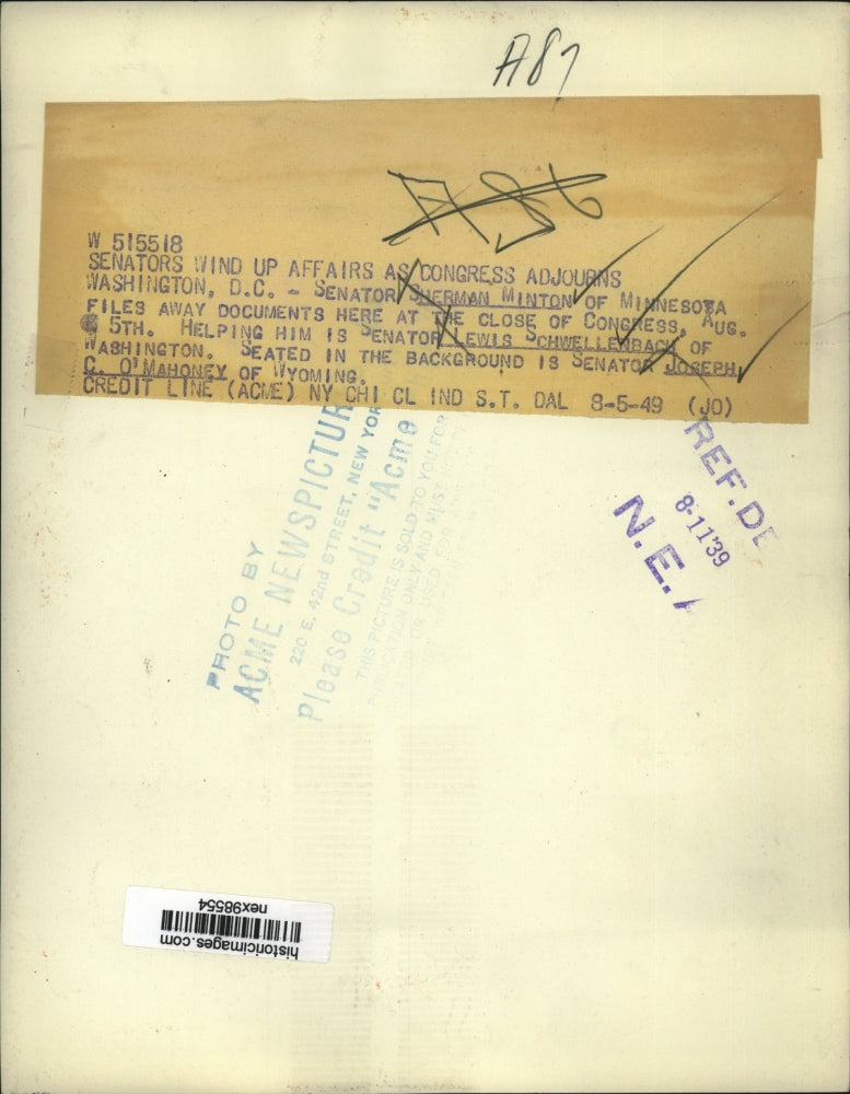 1949 Press Photo Senators Sherman Minton of MN & Lewis Schwellenbach of WA