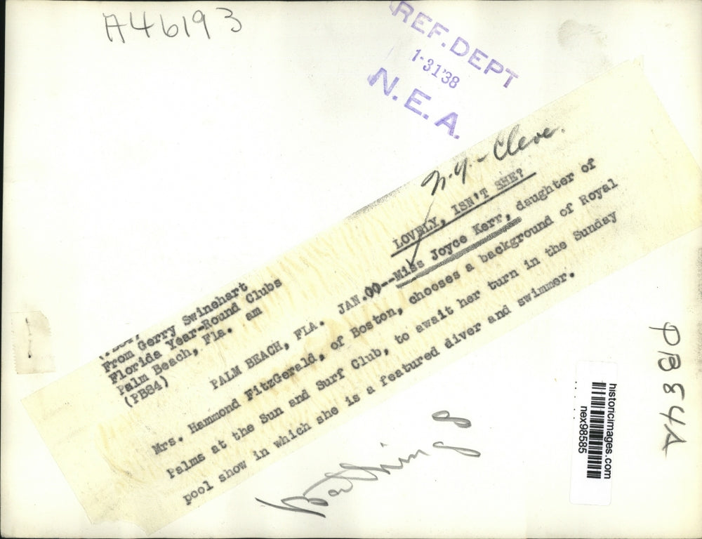 1938 Press Photo Joyce Kerr of Boston at Palm Beach Florida Sun & Surf Club