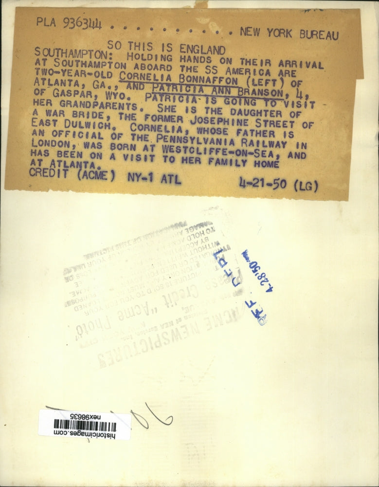 1950 Press Photo Cornelia Bonnaffon, Patricia Ann Branson arrive in Southampton
