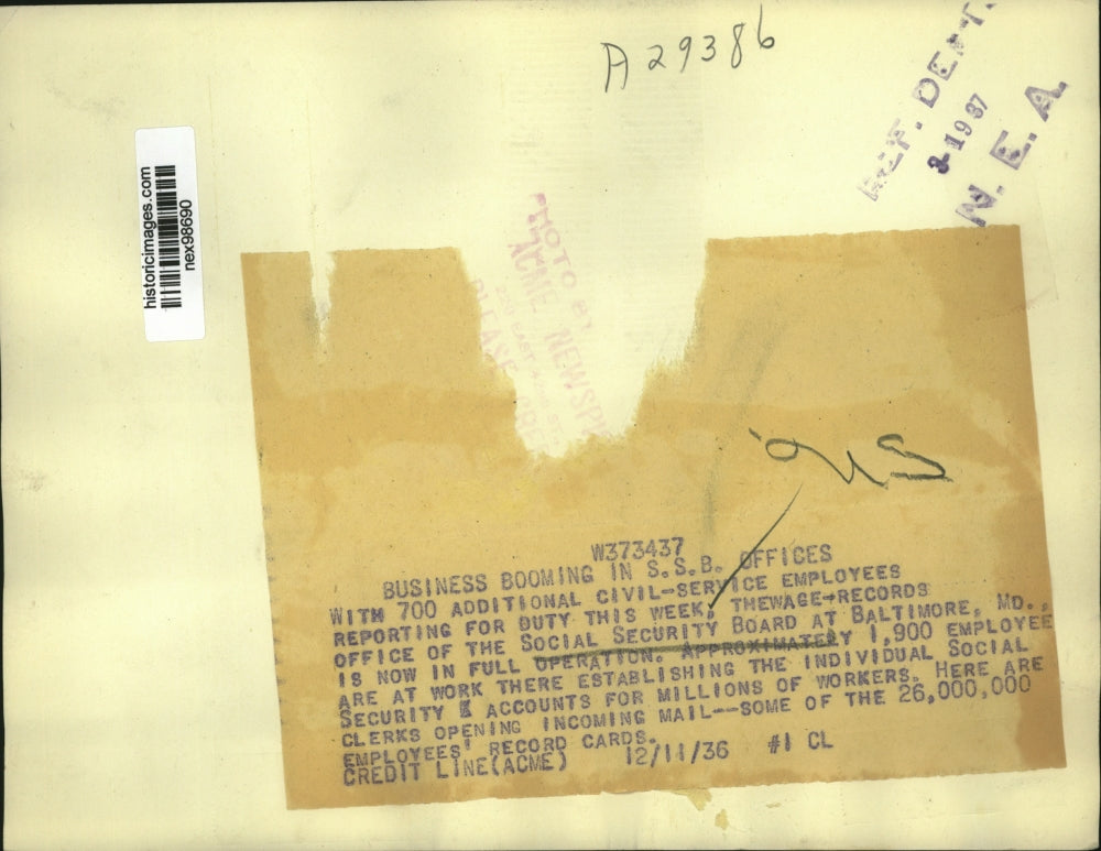 1936 Press Photo Social Security Board Baltimore Maryland incoming mail