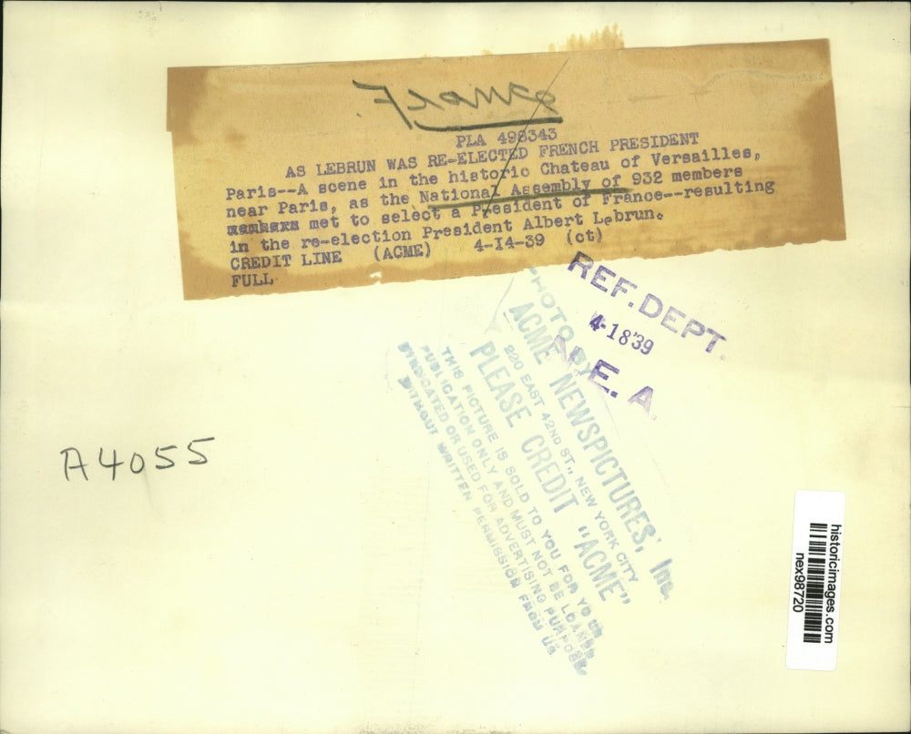 1939 Press Photo National Assembly at Chateau of Versailles near Paris