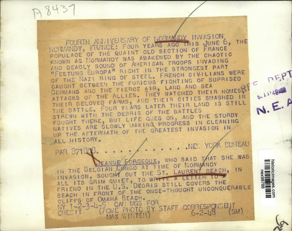 1948 Press Photo J Forgeoux, St Laurent Beach 4th anniversary Normandy invasion