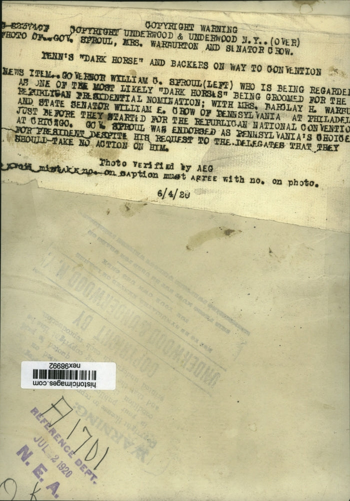 1929 Press Photo PA Governor William Sproul, Mrs Barclay Warbu, Senator Wm Crow