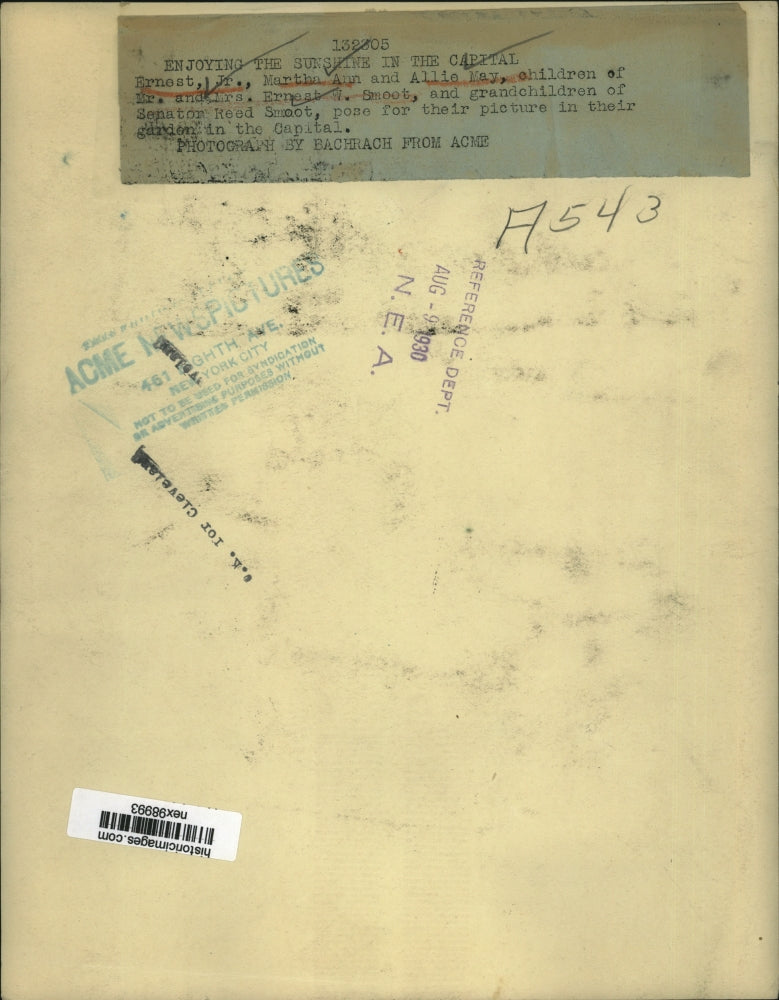 1930 Press Photo Ernest Jr, Martha Ann & Allis Kay Smeet grandkids of Senator