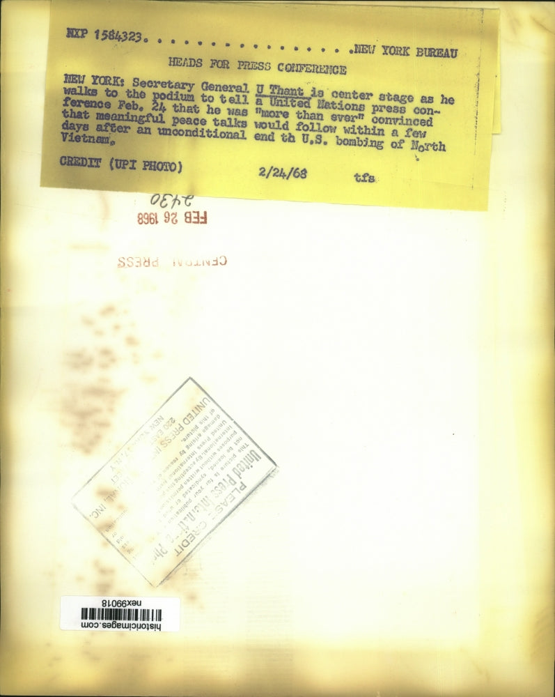 1968 Press Photo United Nations Secretary General U Thant in NYC speech