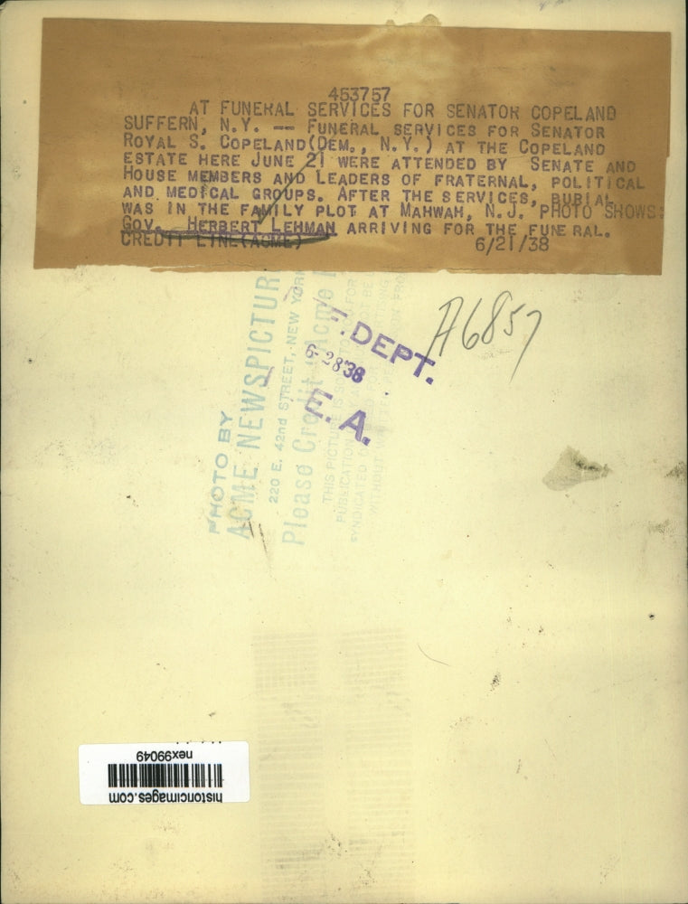 1938 Press Photo Funeral of NY Sen Royal Copeland, Governor H Lehman arrives