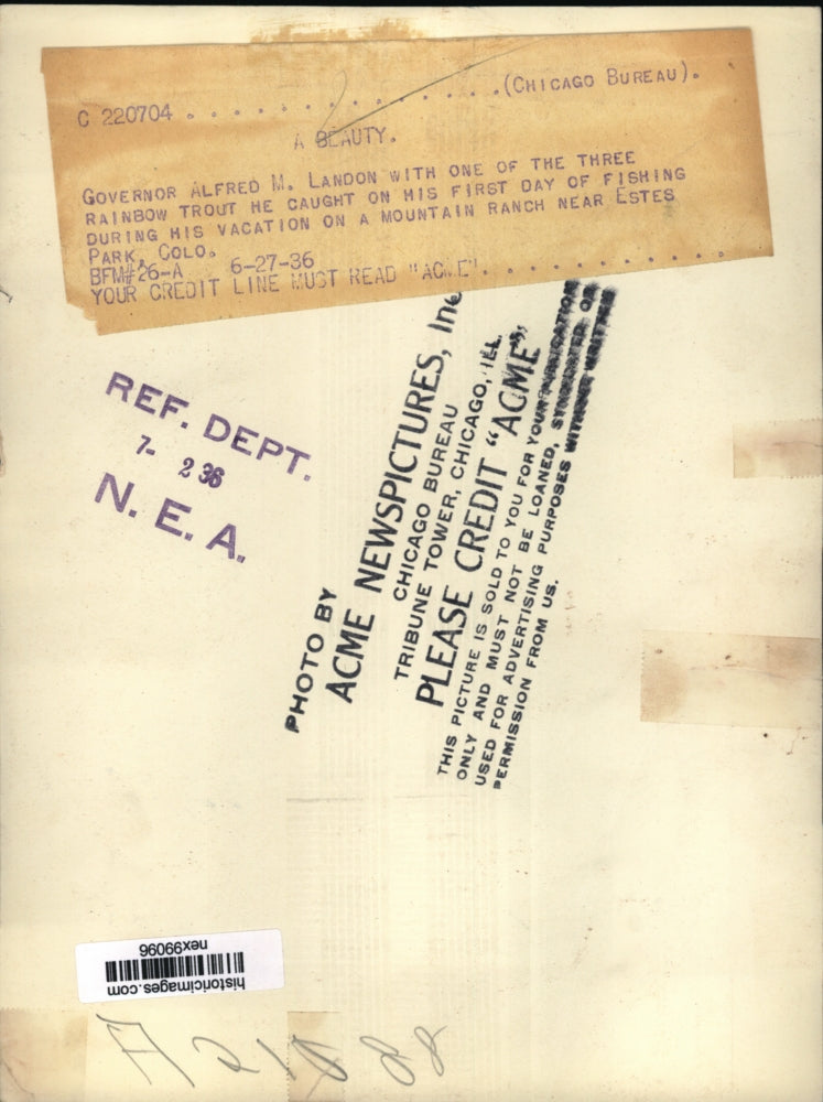 1936 Press Photo Governor Alfred Landon fishing for trout in Colorado