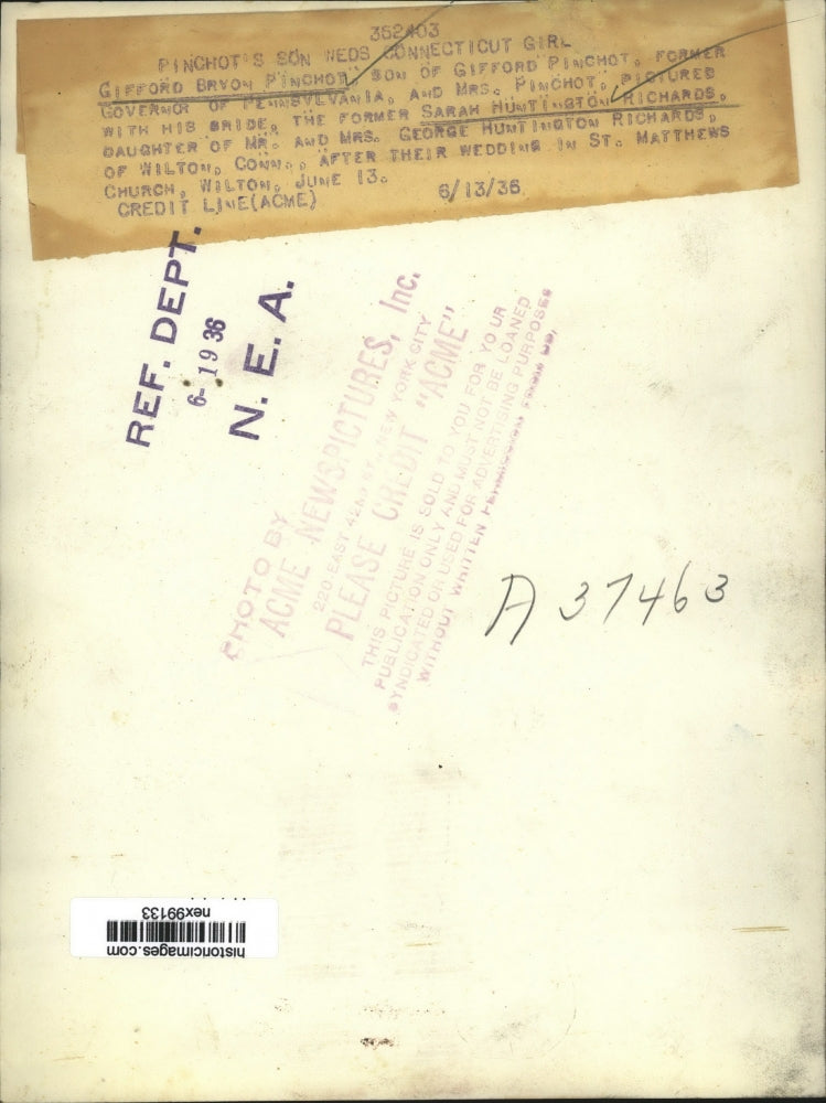 1936 Press Photo Gifford Bryon Pinchot & bride Sarah Huntington Richards in CT