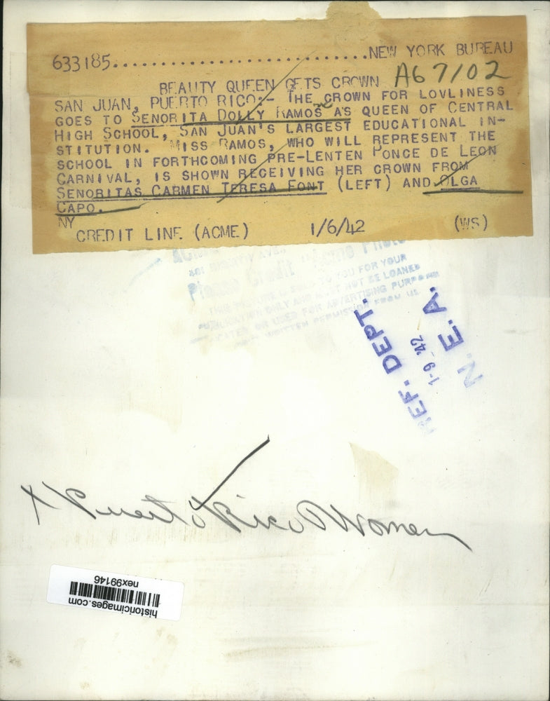 1942 Press Photo Senorita Dolly Ramos Queen of Central High School Puerto Rico