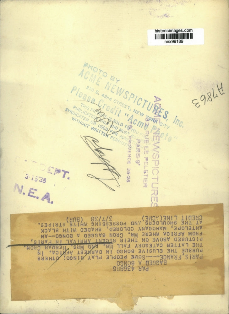 1938 Press Photo Mr & Mrs Herman Cron Arriving in Paris From Africa After Hunt