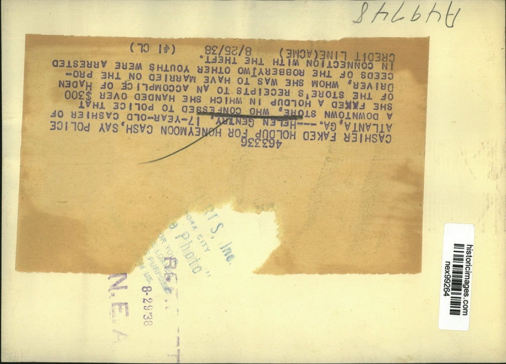 1938 Press Photo Helen Gentry Atlanta GA cashier faked a holdup at sjop