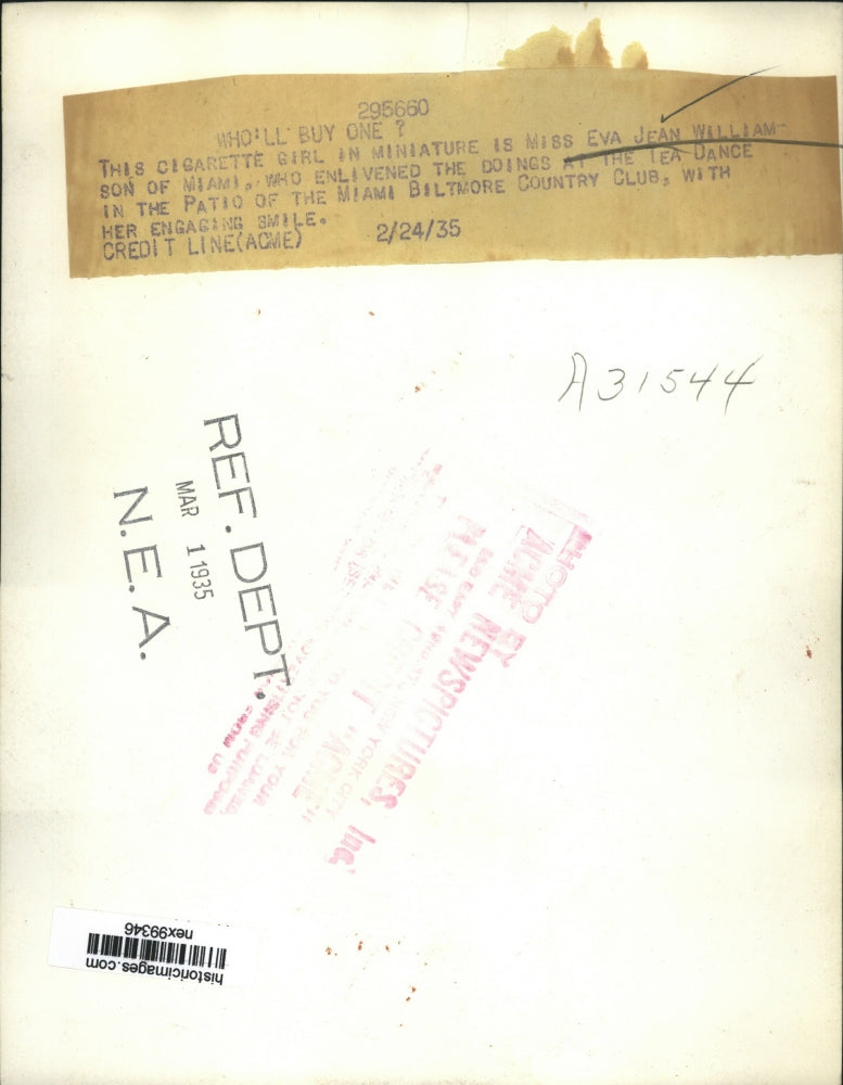 1935 Press Photo Eva Jean Williamson of Miami Florida at Biltmore Club