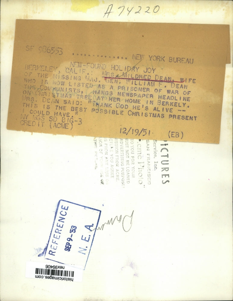 1951 Press Photo Mr sMildred Dean wife of missing Gen William Dean gets news