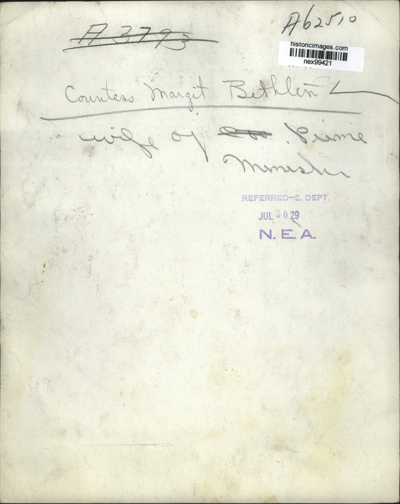 1929 Press Photo Countess Margit Bethlin Wife of Prime Minister - nex99421