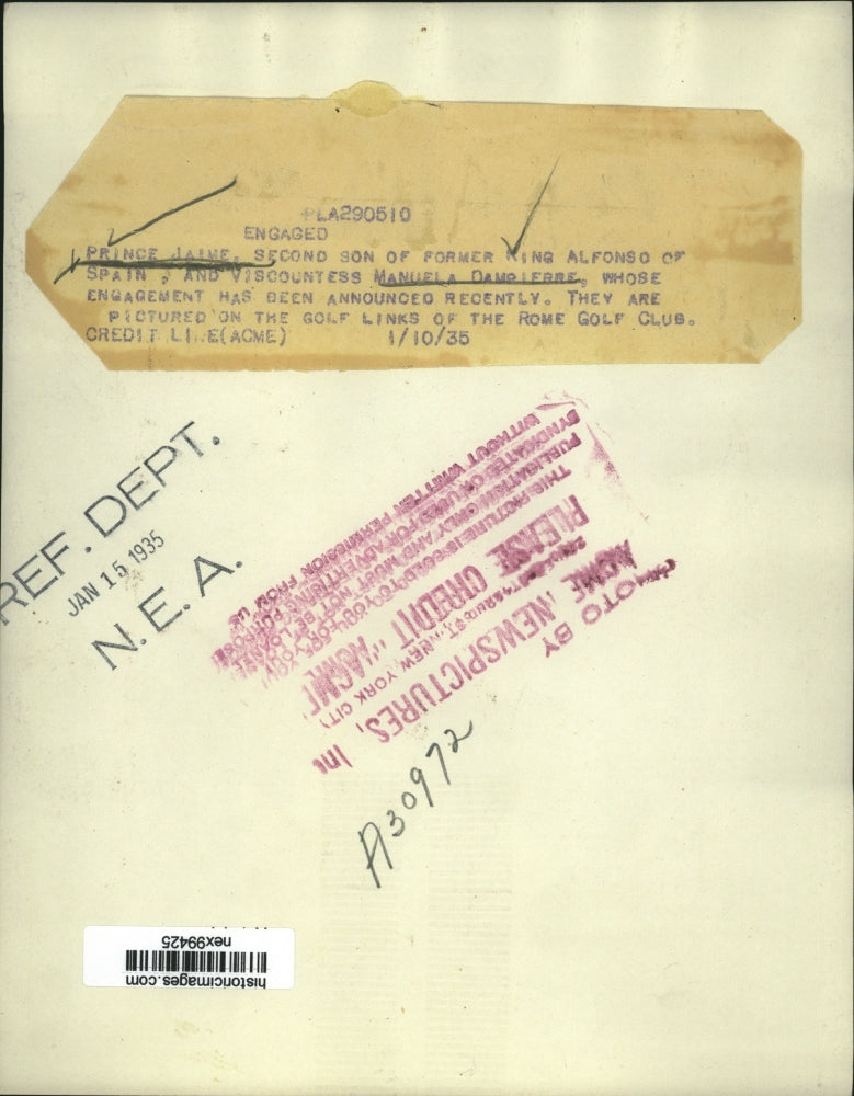 1935 Press Photo Prince Jaime of Spain & Viscountess Manuela Dampierre