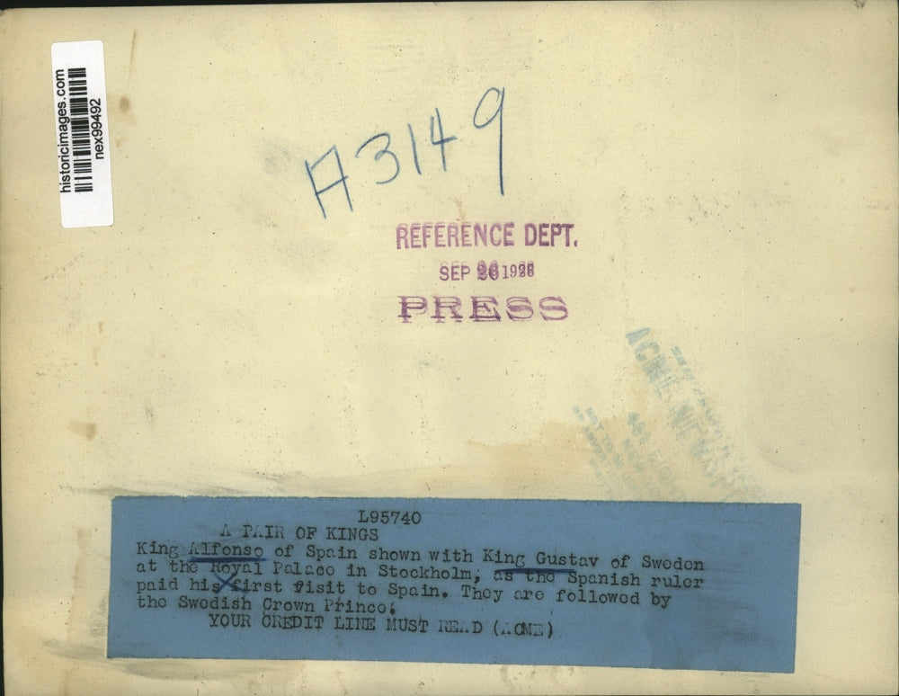 1928 Press Photo King Alfonso & King Gustav of Sweden at Royal Palace Stockholm