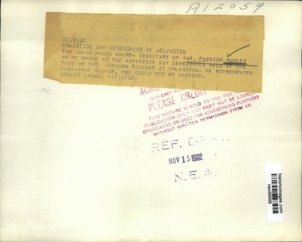 1932 Press Photo Secretary of War Patrick Hurley at Armistice Day ceremony in DC