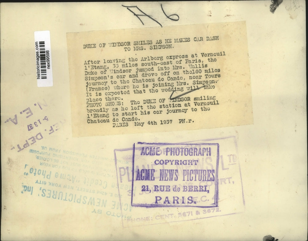 1937 Press Photo Duke of Windsor arrives at Vernouil l'Etang France - nex99598