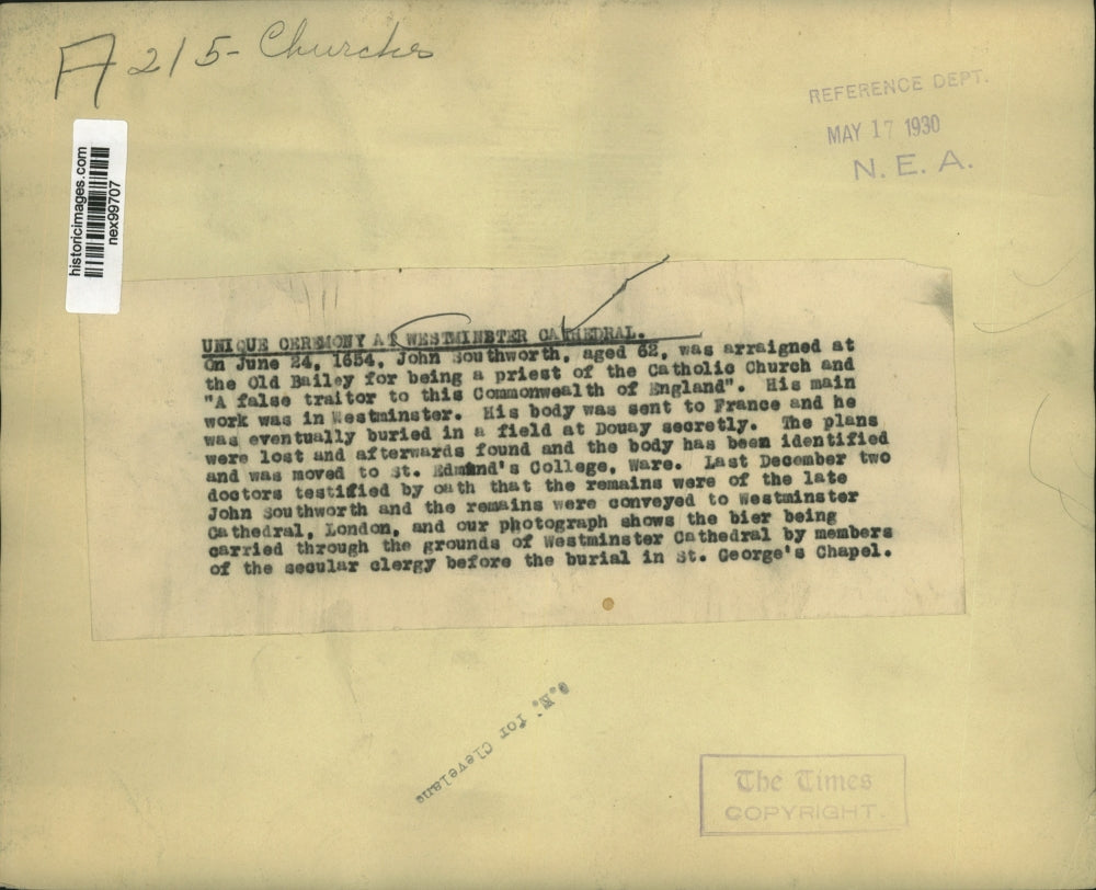 1930 Press Photo John Southworth funeral at Westminster Cathedral in London