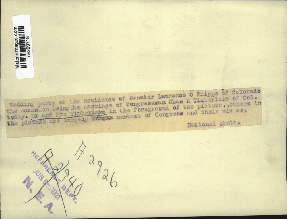 1921 Press Photo Mr & Mrs Timberlake at wedding at Senator LO Phipps home in DC