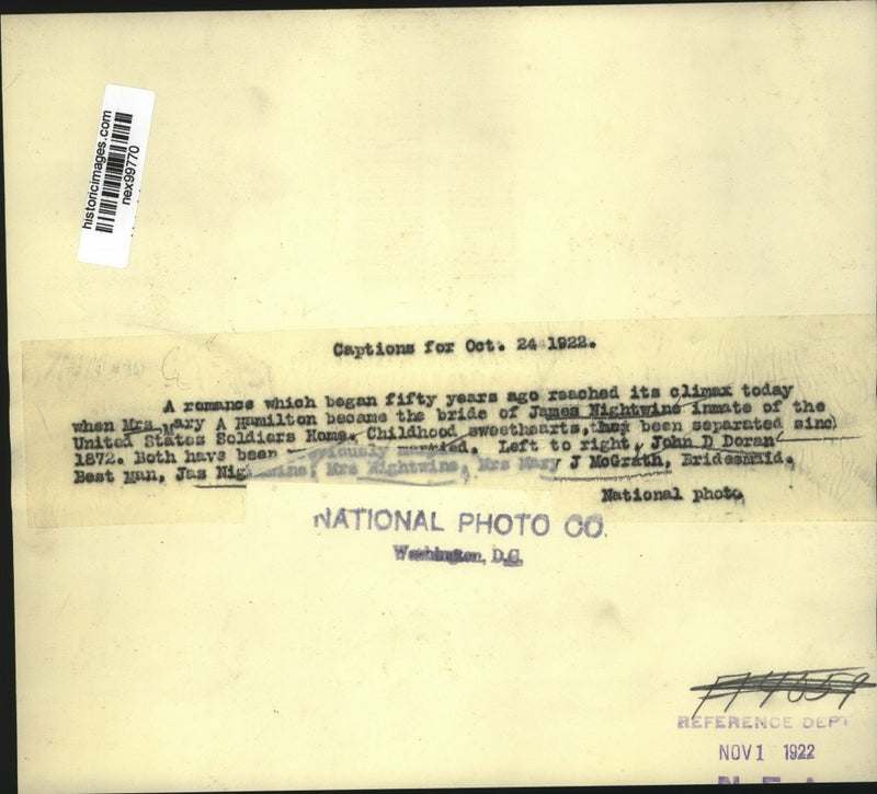 Load image into Gallery viewer, 1922 Press Photo Mrs Mary Hamilton weds James Nightwine at US Soldiers home
