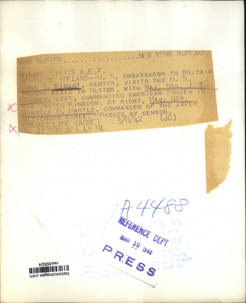 1942 Press Photo US Ambassador to UK John Winant, Maj Gen JE Chaney, Maj Gen RP