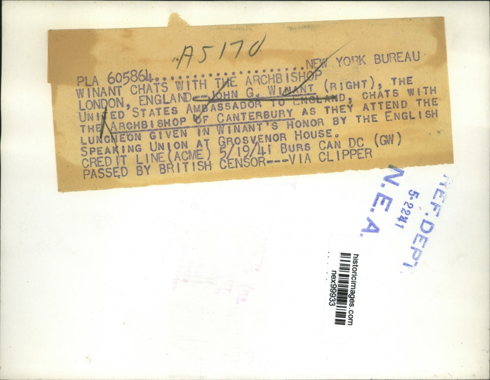 1941 Press Photo John G Winant US Ambassador to Britain & Archbishop Canterbury