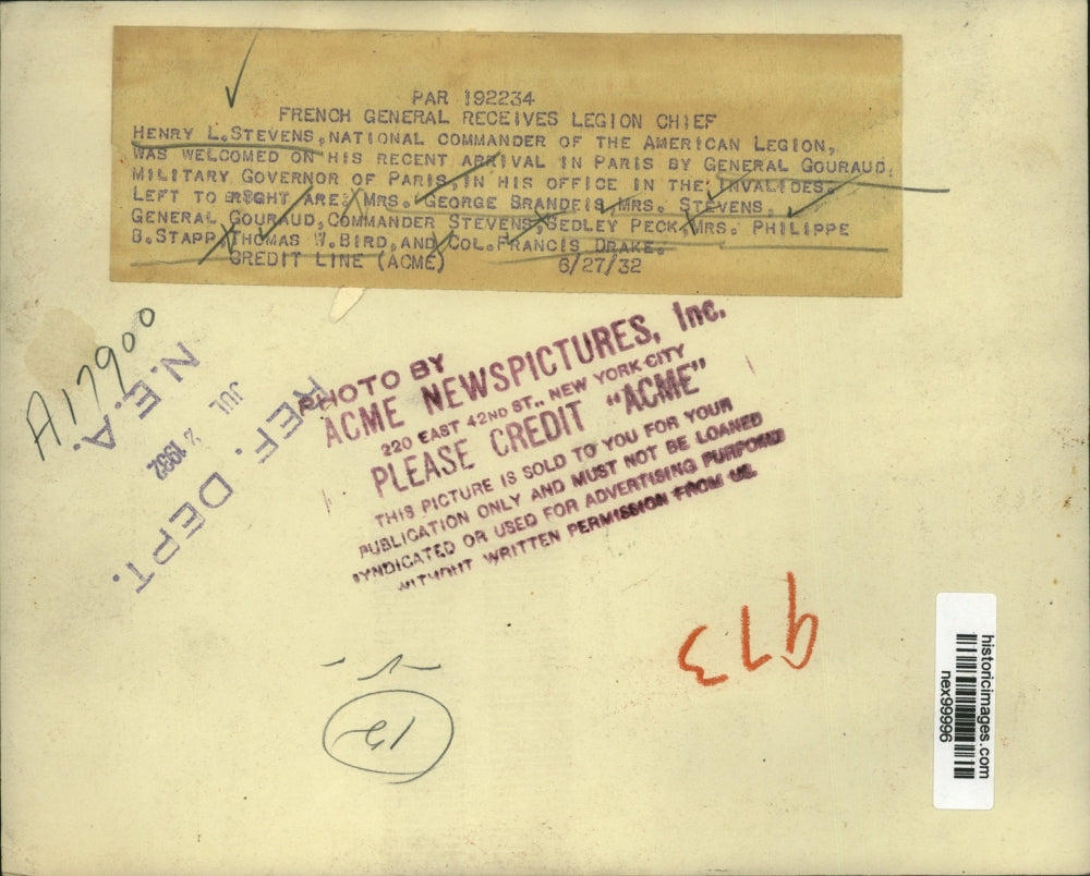 1932 Press Photo Henry L Stevens American Legion Mrs G Brandeis General Gouraud