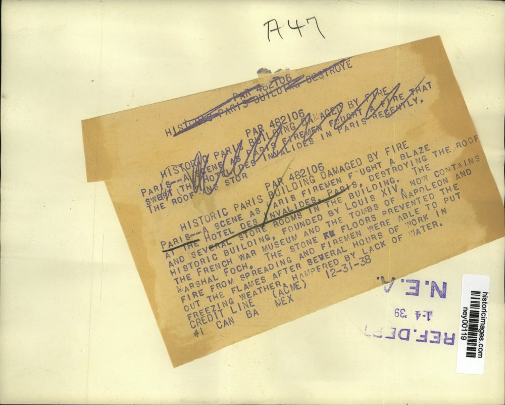 1938 Press Photo Fire at Hotel Des Invalides in Paris France - ney00119