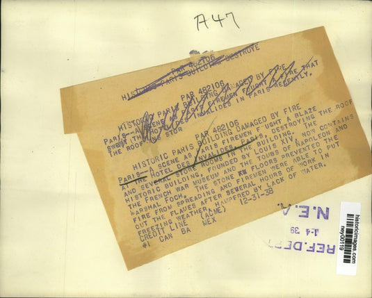 1938 Press Photo Fire at Hotel Des Invalides in Paris France - ney00119