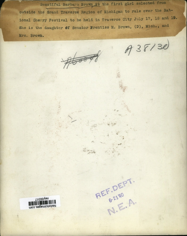 1940 Press Photo Barbara Brown Queen of National Cherry Festival in Traverse Cit