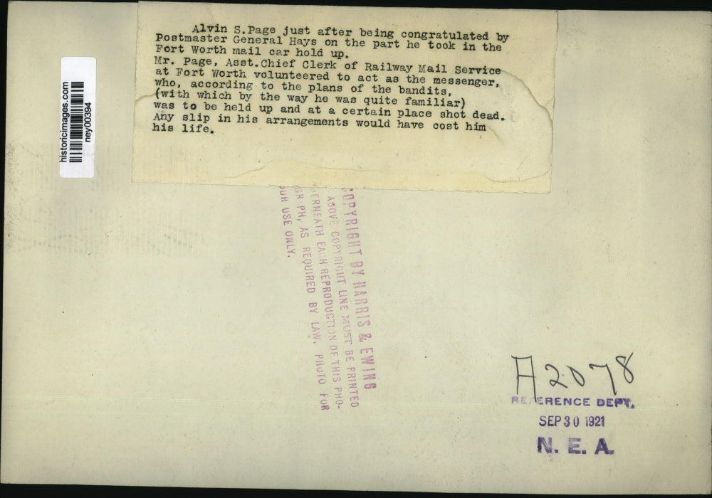1921 Press Photo Alvin Page & Postmaster Gen Hays Tells Part in Mail Car Holdup