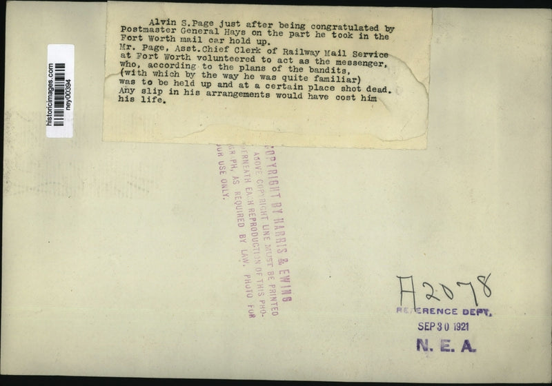 Load image into Gallery viewer, 1921 Press Photo Alvin Page &amp; Postmaster Gen Hays Tells Part in Mail Car Holdup
