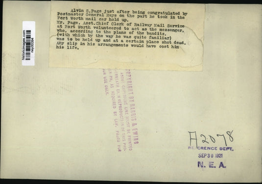 1921 Press Photo Alvin Page & Postmaster Gen Hays Tells Part in Mail Car Holdup