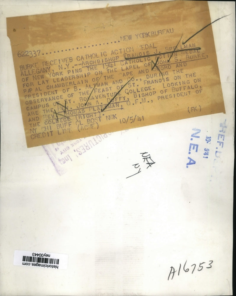 1941 Press Photo Archbishop Francis Spellman of NY Pinning John S Burke