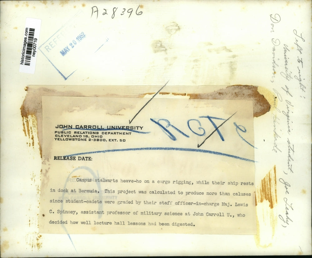 1952 Press Photo John Carroll University Heave Ho Cargo Rigging