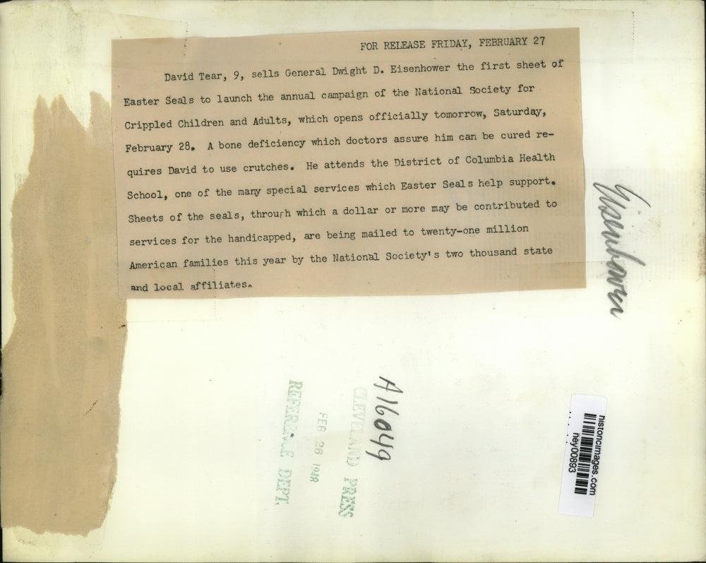 1948 Press Photo General Dwight Eisenhower & David Tear Easter Seals Child