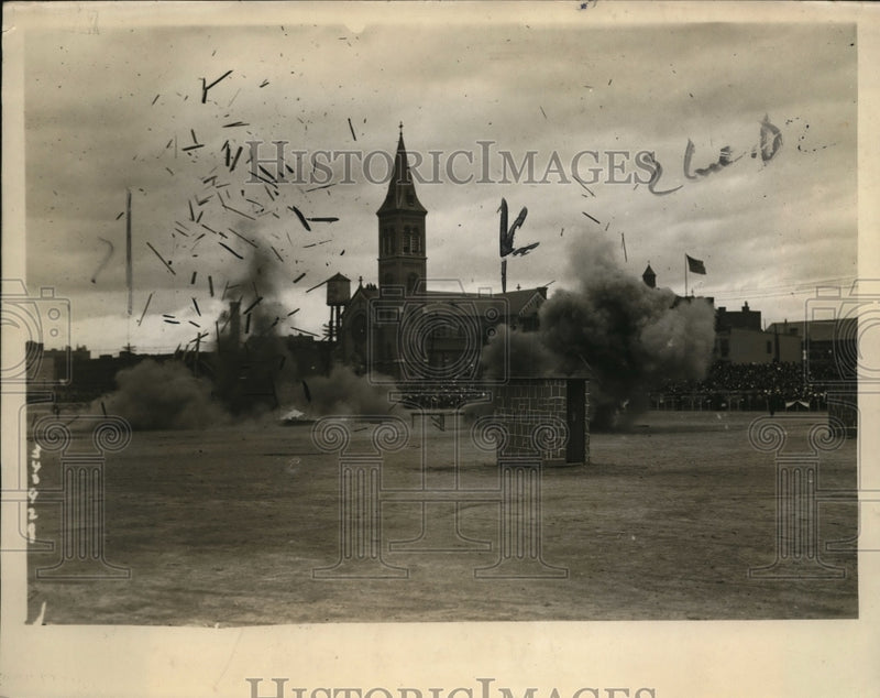 Load image into Gallery viewer, 1923 Press Photo Engineers blow up a mini bridge in demo of chem warfare
