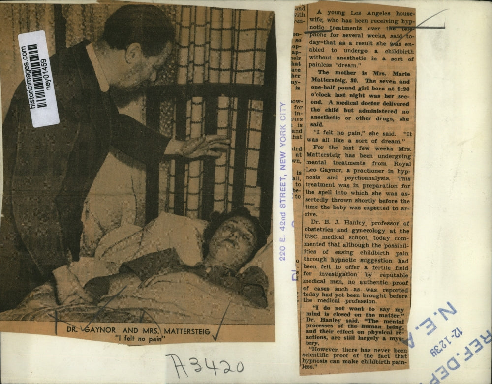 1939 Press Photo Dr Gaynor hypnotizes Mrs Marie Mattersteig for delivery